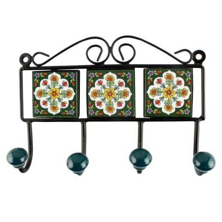 Forest Green with white Ceramic Floral Tile Hook